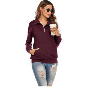 Caloer Pullover Sweater Womens M Red Diamond Long Sleeve Pockets 1/4 Zip New